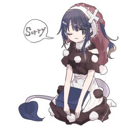 Rule 34 | 1girl, apologizing, apron, black dress, black eyes, commentary request, doremy sweet, dress, full body, grey tail, hat, highres, kneeling, long dress, long hair, no nose, one eye closed, parted lips, pom pom (clothes), purple hair, red hat, short sleeves, simple background, sketch, solo, speech bubble, tail, touhou, white apron, white background, zabuton (mgdw5574)