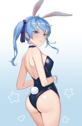 Rule 34 | 1girl, absurdres, alternate costume, animal ears, ass, backless leotard, bare shoulders, black leotard, blue eyes, blue hair, breasts, diptip, fake animal ears, fake tail, hairband, highres, hololive, hoshimachi suisei, leotard, playboy bunny, rabbit ears, rabbit tail, side ponytail, small breasts, solo, star (symbol), star in eye, symbol in eye, tail, virtual youtuber, white hairband, wrist cuffs