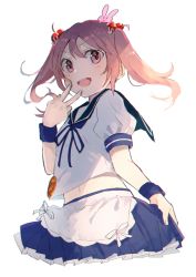 Rule 34 | 1girl, 8ne (nitika127), animal, animal on head, apron, badge, blue sailor collar, blue skirt, rabbit, rabbit on head, frilled skirt, frills, hair bobbles, hair ornament, kantai collection, navel, on head, open mouth, pink eyes, pink hair, puffy short sleeves, puffy sleeves, round teeth, sailor collar, sazanami (kancolle), sazanami kai (kancolle), school uniform, serafuku, short hair, short sleeves, simple background, skirt, skirt hold, smile, solo, teeth, twintails, upper teeth only, white background, wrist cuffs