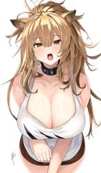 Rule 34 | 1girl, animal ear fluff, animal ears, arknights, b:ga, bad id, bad pixiv id, blonde hair, blush, breasts, cleavage, collar, collarbone, fangs, from above, hair between eyes, highres, large breasts, lion ears, long hair, looking at viewer, messy hair, no bra, open mouth, short shorts, shorts, siege (arknights), simple background, solo, tank top, white background, white tank top, yellow eyes
