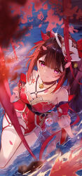 Rule 34 | 1girl, absurdres, bare shoulders, bell, blurry, blurry foreground, blush, breasts, brown hair, butterfly-shaped pupils, choker, cleavage, closed mouth, criss-cross halter, detached sleeves, dress, feng1180, flower tattoo, fox mask, from above, halterneck, highres, honkai: star rail, honkai (series), long hair, looking up, mask, mask on head, medium breasts, neck bell, partially submerged, pink eyes, red dress, red sleeves, smile, solo, sparkle (honkai: star rail), symbol-shaped pupils, tattoo, twintails