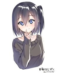 Rule 34 | 1girl, black hair, blue eyes, blush, character name, closed mouth, commentary request, finger to mouth, grey sweater, hair between eyes, long sleeves, looking at viewer, one side up, original, simple background, sleeves past wrists, smile, solo, suzunari shizuku, sweater, twitter username, upper body, white background, yuki arare