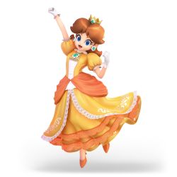 Rule 34 | 1girl, 3d, absurdres, blue eyes, brown hair, corrupted metadata, crown, dress, earrings, elbow gloves, eyelashes, flower, flower earrings, frills, full body, gloves, highres, jewelry, long hair, looking at viewer, mario (series), nintendo, official art, open mouth, orange dress, princess daisy, puffy sleeves, short sleeves, smile, solo, super mario land, super smash bros., transparent background