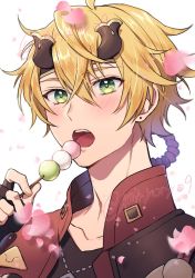 Rule 34 | 1boy, black gloves, blonde hair, dango, eating, fake horns, fingerless gloves, food, genshin impact, gloves, green eyes, headband, holding, horned headwear, horns, jacket, jewelry, male focus, miryoryo9, necklace, open mouth, protected link, solo, thoma (genshin impact), twitter username, wagashi