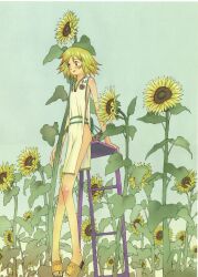 Rule 34 | 1girl, artist request, bare shoulders, blonde hair, blush, flat chest, flower, freckles, full body, highres, long legs, medium hair, non-web source, original, outdoors, purple eyes, sandals, smile, solo, sunflower, tunic, yellow flower
