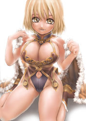 Rule 34 | 1girl, asanagi, blonde hair, breasts, brown eyes, cape, cleavage, clothing cutout, holding, holding cape, holding clothes, huge breasts, large breasts, looking at viewer, navel, navel cutout, open mouth, ragnarok online, short hair, simple background, sitting, solo, wariza, white background, wizard, wizard (ragnarok online)