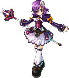 Rule 34 | 1girl, aisha landar, coat, crossed legs, dark magician (elsword), dress, elsword, full body, gloves, no nose, official art, outstretched arms, purple eyes, purple hair, ress, serious, shoes, short hair, solo, spread arms, staff, standing, thighhighs, transparent background, watson cross, white thighhighs