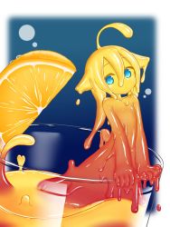 Rule 34 | 1girl, ahoge, blonde hair, blue background, blue eyes, border, closed mouth, colored sclera, colored skin, commission, cup, curss, flat chest, food, fruit, glass, gradient hair, gradient skin, head tilt, heart, highres, in container, in cup, lemon, lemon slice, looking at viewer, monster girl, multicolored hair, multicolored skin, nude, orange hair, orange skin, original, red skin, skeb commission, slime girl, solo, white border, yellow sclera, yellow skin