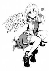 Rule 34 | 1girl, ankle boots, boots, bow, bowtie, cross-laced footwear, dress, greyscale, high heels, highres, jacket, kishin sagume, lace-up boots, monochrome, one eye closed, open clothes, ruukii drift, shirt, short hair, simple background, single wing, sketch, smile, solo, touhou, white background, wings