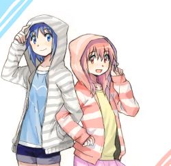 Rule 34 | 10s, 2girls, :d, blue eyes, blue hair, blush, flat chest, hair down, height difference, hood, hoodie, kaname madoka, locked arms, long hair, mahou shoujo madoka magica, mahou shoujo madoka magica (anime), miki sayaka, multiple girls, open clothes, open hoodie, open mouth, pink eyes, pink hair, short hair, short shorts, shorts, skirt, sleeves past wrists, smile, striped, yoplait, yuri