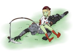 Rule 34 | 1boy, 1girl, armor, black gloves, black panties, black pants, blonde hair, choker, clenched hand, colored skin, commentary request, crossover, female goblin, fishing rod, full armor, gloves, goblin, goblin slayer, goblin slayer!, goblin wa mou juubun ni tsuyoi, grass, greaves, green skin, hat, helmet, highres, honwasabi, knight, looking at another, looking down, lying, medium hair, monster girl, on stomach, outstretched arm, outstretched hand, panties, pants, pauldrons, plate armor, pointy ears, reaching, red headwear, red legwear, russian commentary, shirt, short sleeves, shoulder armor, sitting, sitting on person, skull print, socks, sword, underwear, weapon, white background, white shirt, wide sleeves, zedns