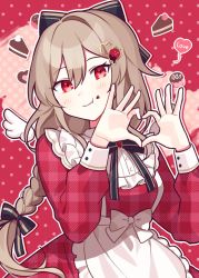 Rule 34 | 1girl, apron, bow, braid, breasts, brown hair, cake, dress, food, food-themed hair ornament, furen e lustario, hair ornament, head tilt, heart, heart hands, medium breasts, nijisanji, red background, red dress, red eyes, solo, strawberry hair ornament, virtual youtuber, waka (wk4444), white bow, wings