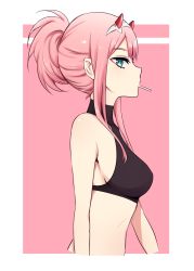 Rule 34 | 10s, 1girl, border, breasts, cropped arms, cropped torso, darling in the franxx, from side, green eyes, highres, horns, k 016002, medium breasts, outside border, pink background, pink hair, profile, short ponytail, sideboob, sidelocks, solo, upper body, white border, zero two (darling in the franxx)