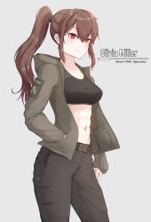 Rule 34 | 1girl, abs, brown hair, cargo pants, edzactly, high ponytail, highres, jacket, looking at viewer, open clothes, open jacket, original, pants, ponytail, red eyes, simple background, smile, solo, sports bra