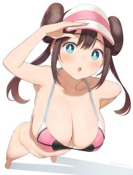 Rule 34 | 1girl, bikini, blue eyes, blush, breasts, brown hair, creatures (company), double bun, from above, game freak, hair bun, hand up, highres, large breasts, looking at viewer, looking up, navel, nekoshoko, nintendo, open mouth, pokemon, pokemon bw2, rosa (pokemon), shadow, simple background, solo, stomach, swimsuit, twintails, visor cap, white background
