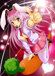 Rule 34 | 1girl, animal ears, between breasts, breasts, carrot, female focus, foreshortening, long hair, necktie, pink hair, pointing, rabbit ears, red eyes, red necktie, reisen udongein inaba, saipin, skirt, solo, thighhighs, touhou