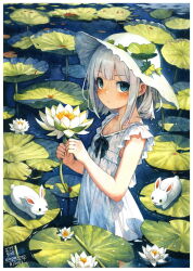 Rule 34 | 1girl, animal, blue eyes, blush, closed mouth, commentary request, dated, dress, emperpep, flower, grey hair, hat, highres, holding, holding flower, lily pad, looking at viewer, original, painting (medium), partially submerged, rabbit, signature, solo, sun hat, traditional media, water, water lily flower, watercolor (medium), white dress, white flower, white hat
