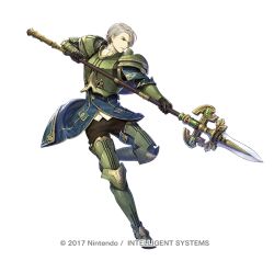 armor asatani_tomoyo black_gloves black_pants breastplate brown_eyes buttons copyright_notice fernand_(fire_emblem) fire_emblem fire_emblem_echoes:_shadows_of_valentia fire_emblem_heroes full_body gloves green_armor grey_hair holding holding_polearm holding_weapon leg_armor male_focus nintendo official_art pants pauldrons polearm short_hair shoulder_armor simple_background weapon white_background