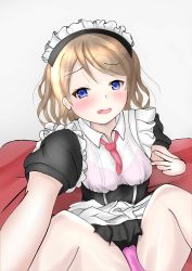 Rule 34 | 1girl, apron, artist request, black ribbon, blue eyes, blush, breasts, brown hair, cameltoe, detached sleeves, dress, female focus, frilled apron, frills, garter straps, gloves, highres, looking at viewer, love live!, love live! sunshine!!, maid, maid headdress, medium breasts, neck ribbon, panties, parted lips, ribbon, short hair, solo, thighhighs, underwear, waist apron, watanabe you, white gloves, white panties, white thighhighs