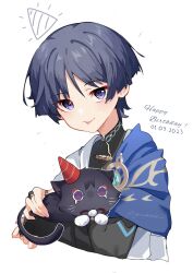 Rule 34 | 1boy, animal ears, animalization, arm armor, artist name, black fur, black shirt, blue gemstone, blue vest, blunt ends, blush, cat, cat ears, cat tail, closed mouth, dared, english text, gem, genshin impact, gold, grey vest, hair between eyes, hands up, happy birthday, hat, highres, hug, jasummin, jewelry, looking at viewer, looking to the side, lying, lying on person, mandarin collar, necklace, no headwear, no mouth, official alternate costume, on stomach, open clothes, open vest, purple eyes, purple hair, red headwear, ring, scaramouche (cat) (genshin impact), scaramouche (genshin impact), shirt, short hair, short sleeves, smile, standing, striped clothes, striped headwear, tail, tears, tongue, tongue out, two-tone vest, vest, vision (genshin impact), wanderer (genshin impact)