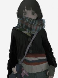 Rule 34 | 1girl, arms at sides, black cardigan, black hair, cardigan, covered mouth, end80236189, female focus, fingerless gloves, gloves, grey eyes, highres, looking at viewer, original, scarf, simple background, solo, stuffed toy, sweater, white background