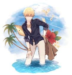 Rule 34 | 1boy, bad id, bad pixiv id, belt, black shirt, blonde hair, bracelet, brown belt, closed mouth, collared shirt, contrapposto, dress shirt, earrings, fate/grand order, fate (series), flower, gilgamesh, gilgamesh (caster) (fate), gilgamesh (establishment) (fate), gilgamesh (fate), hair between eyes, hand on own hip, hand on lap, hibiscus, highres, jewelry, male focus, mayomayo55, necklace, official alternate costume, palm tree, pants, red eyes, red flower, shirt, solo, tree, wading, white background, white pants