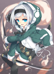 Rule 34 | 1girl, adapted costume, belt, belt buckle, black hairband, black necktie, black ribbon, black thighhighs, blue eyes, buckle, buttons, collared shirt, dress shirt, dual wielding, ghost, green jacket, green shorts, hair ribbon, hairband, highres, holding, holding sword, holding weapon, hood, hood up, hooded jacket, jacket, katana, konpaku youmu, konpaku youmu (ghost), long sleeves, looking at viewer, necktie, open clothes, open jacket, open mouth, petals, ribbon, sheath, shirt, short hair, shorts, silver hair, solo, sword, thighhighs, touhou, unsheathed, unzipped, uumaru, v-shaped eyebrows, weapon, zipper pull tab