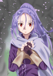 Rule 34 | 1girl, absurdres, cloak, commentary request, crying, crying with eyes open, fingerless gloves, gloves, hair ornament, hands on own chest, highres, long hair, mito (sao), purple hair, red eyes, solo, sword art online, tears, xlibertasx