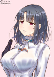 Rule 34 | 1girl, ascot, black gloves, black hair, breasts, gloves, kantai collection, large breasts, long sleeves, red eyes, shiromaru (maniado), shirt, short hair, solo, takao (kancolle), upper body, white ascot, white shirt
