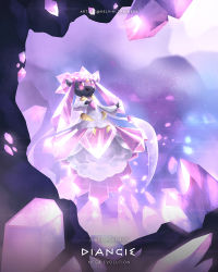 Rule 34 | cave interior, character name, commentary, copyright name, creatures (company), crystal, diancie, floating, full body, game freak, gen 6 pokemon, highres, kelvin-trainerk, legendary pokemon, looking up, mega diancie, mega pokemon, mythical pokemon, nintendo, no humans, outstretched arm, pink eyes, pokemon, pokemon (creature), solo, twitter username