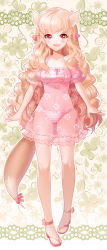 Rule 34 | 1girl, aile (crossroads), animal ears, blonde hair, blush, bow, cameltoe, dress, full body, hair ribbon, high heels, highres, long hair, looking at viewer, open mouth, open shoes, original, panties, pigeon-toed, red eyes, ribbon, sandals, see-through, see-through dress, shoes, smile, solo, striped clothes, striped panties, symbol-shaped pupils, tail, tail bow, tail ornament, underwear, very long hair, wavy hair