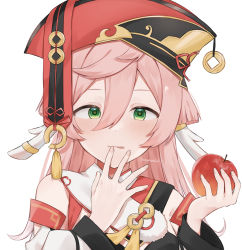 Rule 34 | 1girl, :p, apple, commentary request, detached sleeves, finger to mouth, food, fruit, genshin impact, green eyes, hair between eyes, hat, highres, holding, holding food, holding fruit, horns, long hair, looking at viewer, nail, nima0v0, pink hair, scarf, sidelocks, simple background, solo, tongue, tongue out, white background, white scarf, yanfei (genshin impact)