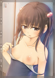 Rule 34 | 1girl, bad id, bad pixiv id, breasts, brown eyes, brown hair, clothes pull, collarbone, hair bobbles, hair ornament, looking at viewer, nipples, one-piece swimsuit, one-piece swimsuit pull, photokano, recording, ribucci, sakura mai (photokano), small breasts, solo, swimsuit, twintails, undressing, viewfinder