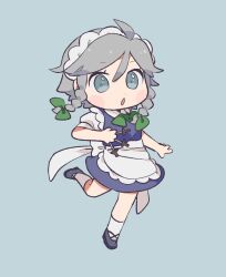 Rule 34 | 1girl, :o, ahoge, between fingers, blue dress, blush, braid, chibi, citrus (place), dress, full body, grey background, grey eyes, grey hair, hair ribbon, holding, holding knife, izayoi sakuya, knife, looking at viewer, maid headdress, open mouth, ribbon, simple background, solo, standing, standing on one leg, throwing knife, touhou, tress ribbon, twin braids, weapon