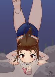 Rule 34 | 1girl, blue one-piece swimsuit, brown eyes, brown hair, feet out of frame, freediving, hermit crab, highres, i-401 (kancolle), kantai collection, nanasp 7sp, one-piece swimsuit, orange sailor collar, ponytail, sailor collar, shirt, short hair, sleeveless, sleeveless shirt, solo, swimsuit