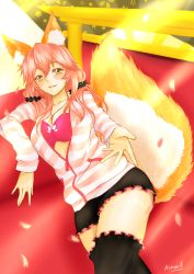 Rule 34 | 10s, 1girl, animal ears, blush, breasts, cleavage, fate/extella, fate/extra, fate (series), fox ears, fox tail, highres, homuraalter, hood, hoodie, jewelry, large breasts, long hair, looking at viewer, necklace, official alternate costume, petals, pink hair, skirt, solo, striped clothes, striped hoodie, tail, tamamo (fate), tamamo no mae (fate/extra), tamamo no mae (spring casual) (fate), thighhighs, yellow eyes