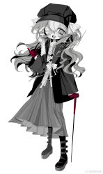 Rule 34 | 1girl, absurdres, black footwear, black headwear, boots, commission, dress, eyepatch, frills, full body, gloves, grey dress, grey eyes, grey hair, highres, long dress, medical eyepatch, meyou 0319, monochrome, open mouth, original, red gloves, smile, solo, standing, wavy hair, white background