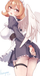 Rule 34 | 1girl, absurdres, apron, artist name, ass, black dress, blush, bow, breasts, covered erect nipples, covering privates, covering ass, dress, fang, feathered wings, flipped hair, frilled apron, frills, from behind, harpy, highres, ishuzoku reviewers, kuroyume (96061617), large breasts, long sleeves, looking back, maid, maid headdress, meidri, monster girl, open mouth, orange hair, pen, puffy long sleeves, puffy sleeves, red eyes, sash, short dress, short hair, simple background, solo, thigh strap, waitress, white apron, white background, white bow, white wings, wings