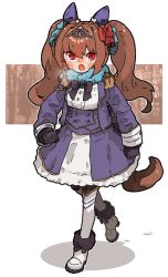Rule 34 | 1girl, :o, amonitto, animal ears, blue jacket, blush, boots, breath, brown hair, commentary request, corset, cropped jacket, daiwa scarlet (umamusume), ear covers, epaulettes, fang, full body, fur-trimmed boots, fur trim, gloves, highres, horse ears, horse girl, horse tail, jacket, long hair, long sleeves, looking at viewer, open mouth, purple gloves, red eyes, skirt, solo, tail, tiara, twintails, umamusume, walking, white footwear