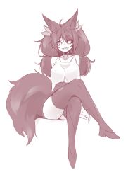 Rule 34 | :d, absurdres, ahoge, animal ear fluff, animal ears, bare shoulders, big hair, borrowed character, breasts, camisole, choker, crossed legs, fox ears, fox tail, greyscale, hair between eyes, high heels, highres, invisible chair, jewelry, large breasts, large tail, looking at viewer, monochrome, necklace, open mouth, original, sharp teeth, short eyebrows, simple background, sitting, sketch, smile, solo, sub-res, tail, teeth, thighhighs, twintails, white background