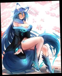Rule 34 | 1girl, :q, absurdres, ahoge, animal ear fluff, animal ears, bare legs, black kimono, blue eyes, blue hair, blush, breasts, cleavage, commentary, commission, ehrrr, electricity, english commentary, from side, hair between eyes, highres, japanese clothes, kimono, large breasts, long hair, long sleeves, looking at viewer, monster girl, monster girl encyclopedia, naughty face, no panties, one eye closed, raiju (monster girl encyclopedia), sitting, sitting on tail, smile, solo, tail, tattoo, tongue, tongue out, twitter username, very long hair