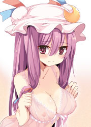 Rule 34 | 1girl, alternate costume, babydoll, blush, breasts, cleavage, crescent, embarrassed, hair ribbon, hat, highres, large breasts, long hair, maturiuta sorato, nipples, patchouli knowledge, purple eyes, purple hair, ribbon, see-through, solo, touhou