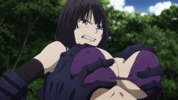 Rule 34 | 1girl, animated, animated gif, arm grab, bikini, bikini top only, blunt bangs, grabbing another&#039;s breast, breasts, breasts squeezed together, clenched teeth, covered erect nipples, elbow sleeve, gleipnir (series), grabbing, groping, koyanagi sayaka, large breasts, long hair, molestation, outdoors, restrained, teeth, tree