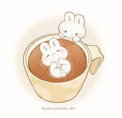 Rule 34 | :&lt;, :o, afloat, artist name, ayu (mog), blush, blush stickers, closed eyes, closed mouth, coffee, commentary request, cup, highres, mug, no humans, original, rabbit, simple background, smile, solid circle eyes, watermark, white background