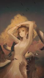 Rule 34 | 1girl, arms up, bird, brown eyes, brown hair, choker, cloud, dress, dusk, goose, highres, original, own hands together, sky, solo, sul ( 20sub), white choker, white dress