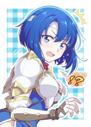 Rule 34 | !?, 1girl, ^^^, armor, blue eyes, blue hair, blush, catria (fire emblem), commentary request, elbow gloves, fingerless gloves, fire emblem, fire emblem: mystery of the emblem, fire emblem heroes, gloves, headband, hiyori (rindou66), looking at viewer, nintendo, open mouth, pegasus knight uniform (fire emblem), short hair, solo, spoken interrobang, surprised