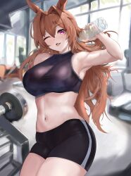 Rule 34 | 1girl, ;d, absurdres, animal ears, armpits, bare shoulders, black shorts, black sports bra, breasts, brown hair, commentary request, cowboy shot, daiwa scarlet (umamusume), exercise machine, fang, gym, hair between eyes, hair intakes, highres, horse ears, horse girl, horse tail, indoors, large breasts, long hair, looking at viewer, midriff, navel, one eye closed, open mouth, red eyes, short shorts, shorts, sidelocks, smile, solo, sports bra, standing, tail, tsubuika (kxsc7542), twintails, umamusume, very long hair
