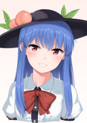 Rule 34 | 1girl, black hat, blue hair, blush, bow, bowtie, center frills, collared shirt, food, frilled shirt, frills, fruit, gradient background, hat, hat ornament, head tilt, highres, hinanawi tenshi, leaf, looking at viewer, momoiro lettuce, parted lips, peach, pink background, portrait, puffy short sleeves, puffy sleeves, red bow, red bowtie, red hair, shirt, short sleeves, sidelocks, smile, solo, straight hair, teeth, touhou, white shirt
