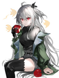 Rule 34 | 1girl, apple, arknights, black gloves, black shirt, black thighhighs, commentary request, feet out of frame, food, fruit, gloves, green jacket, grey hair, grey shorts, hair between eyes, highres, holding, holding food, holding fruit, jacket, long hair, long sleeves, looking at viewer, off shoulder, official alternate costume, one side up, open clothes, open jacket, red eyes, s 4ik4, shirt, short shorts, shorts, simple background, single glove, sitting, skadi (arknights), skadi (the next afternoon tea) (arknights), solo, thighhighs, thighs, very long hair, white background