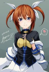Rule 34 | 1girl, blue eyes, blush, brown hair, closed mouth, commentary request, fingerless gloves, gloves, hagane soushi, looking at viewer, lyrical nanoha, magical girl, medium hair, ribbon, side ponytail, simple background, smile, solo, takamachi nanoha, twintails